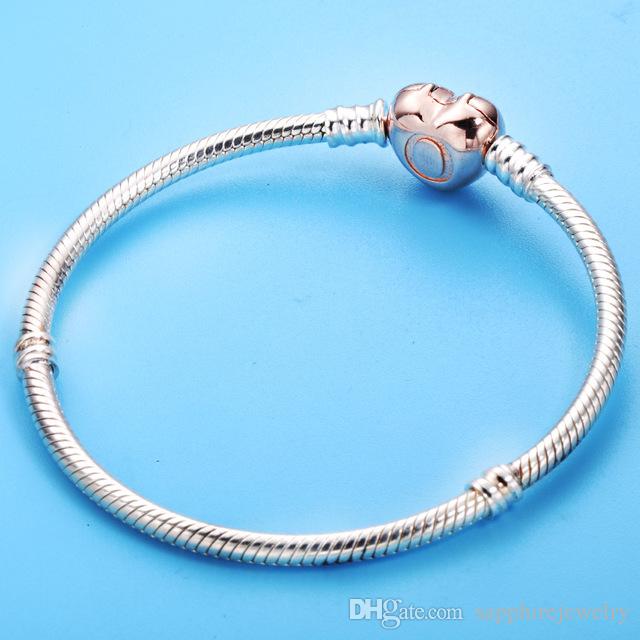 925 Sterling Silver Heart Rose Gold Bracelet is Clear Zircon Charm