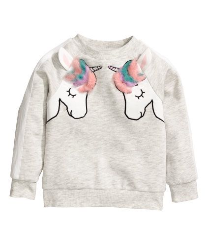 Light gray melange/unicorns. Sweatshirt with a motif and appliqués