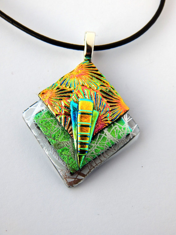 Art Deco Style Pendant Fused Glass Jewelry Glowing dichroic Glass