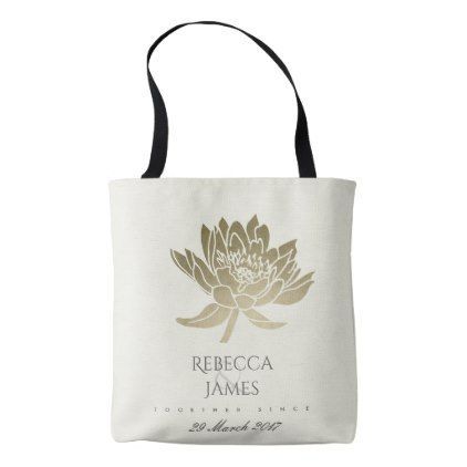 GLAMOROUS PALE GOLD WHITE LOTUS SAVE THE DATE GIFT TOTE BAG