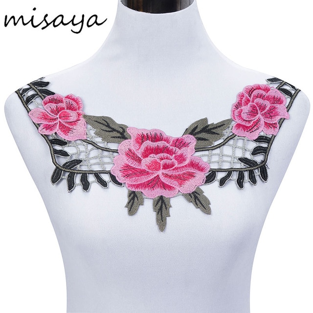 Misaya 1pc Embroidery Pink Rose Flower Lace Mesh Collar Fabric, DIY