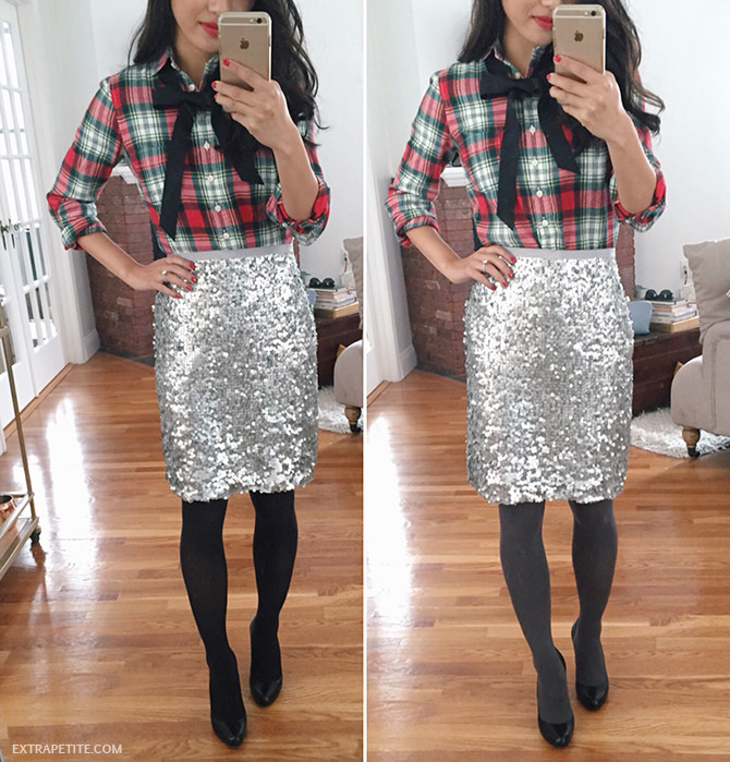 Plaid, Bow + Sequins // Holiday office party outfit ideas - Extra Petite