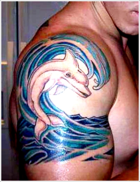 Color Dolphin And Wave Tattoos For Men » Tattoo Ideas