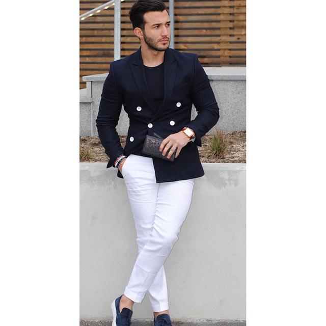 2018 Top Selling Navy Blue Double Breasted Coat Men Suit Casual Summer  Autumn Blazer Tuxedo Custom Made Mens Suits 2pcs