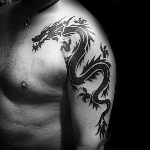 Mens Upper Arm Black Ink Tribal Dragon Tattoo Design Ideas - All