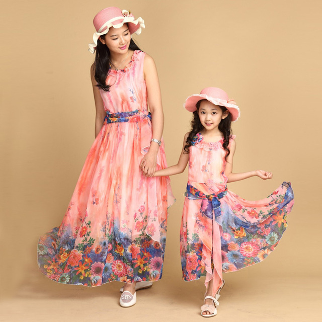 New Family matching clothes with Belt Long Summer Vacation Dresses