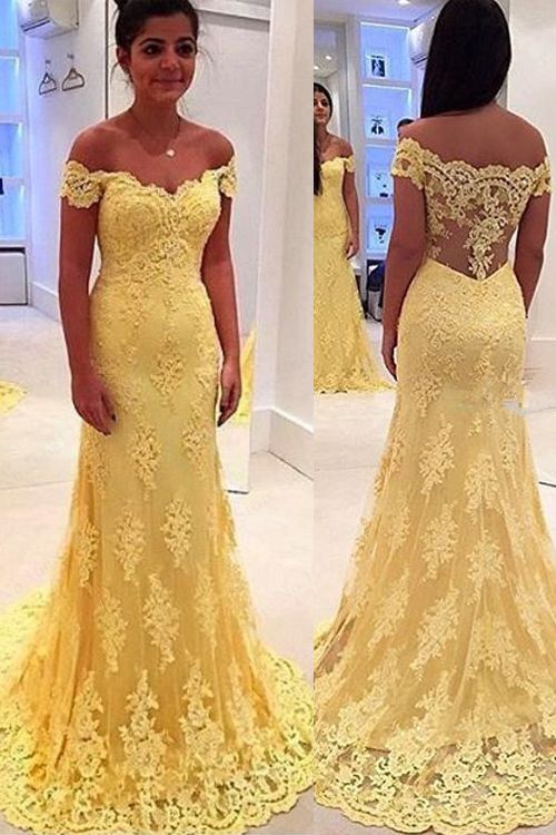 Prom Gown,Yellow Prom Dresses With Lace,Off The Shoulder Evening