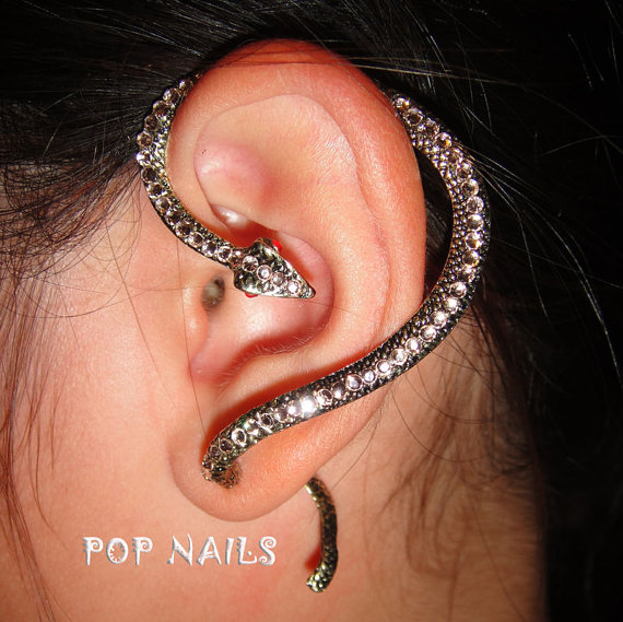 Rose Gold Snake Statue Ear Cuff Earrings Swarovski Crystals on Luulla
