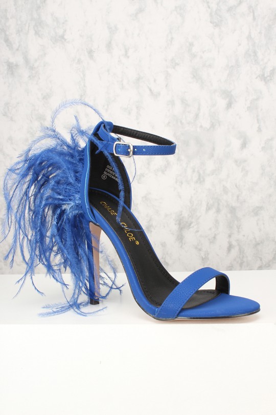 Sexy Royal Blue Open Toe Faux Feather Single Sole High Heels