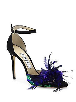 Jimmy Choo Annie Sequin & Feather-Embellished Suede Ankle-Strap