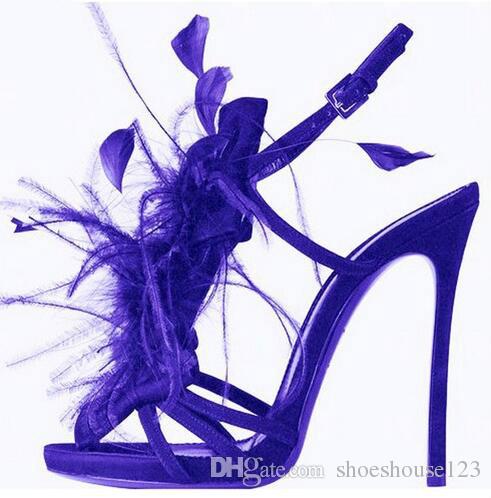 Purple Blue Feather High Heels Sandals Sexy Nightclub Style Stiletto
