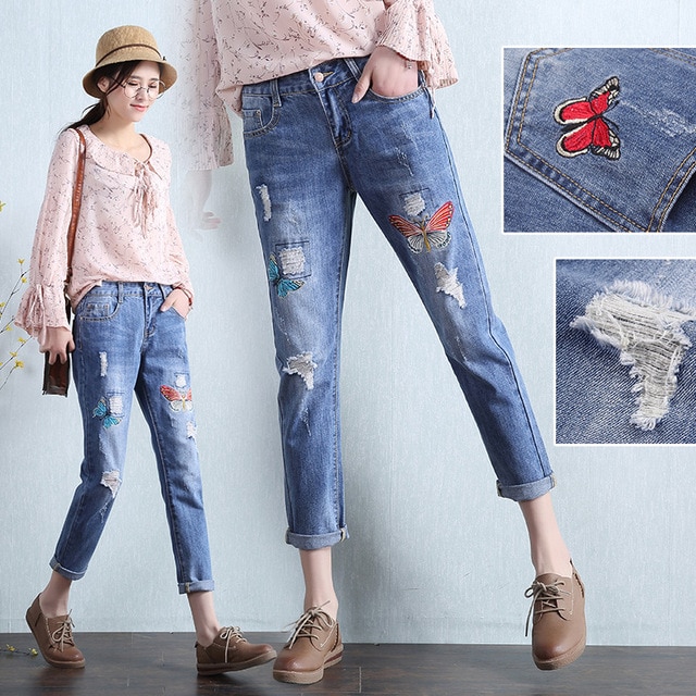 2018 Autumn Fashion Loose Denim Jeans Women Butterfly Embroidered