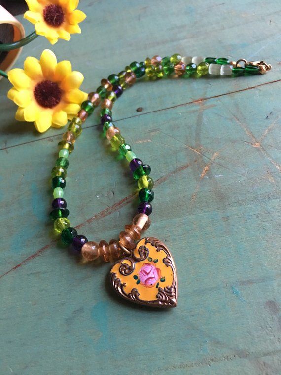 Vintage Bohemian Flower Enameled Heart Necklace - Boho heart