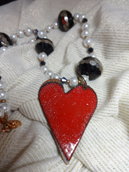 Astatine ~Enameled Red Heart and Pearls Necklace | MirandAck on ArtFire