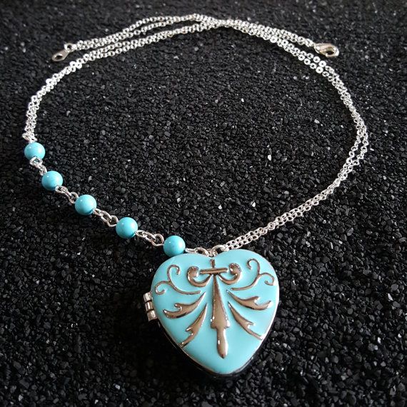 Blue Turquoise Hand Enameled Heart Locket Pendant, Turquise Beads