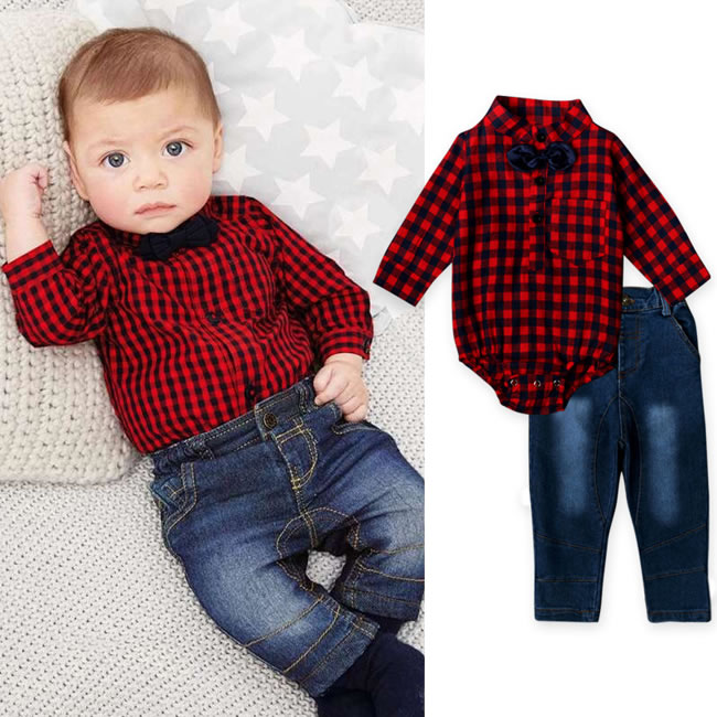 1st Birthday Outfits For Baby Boy Denim Set Clothes Bow Tie Plaid
