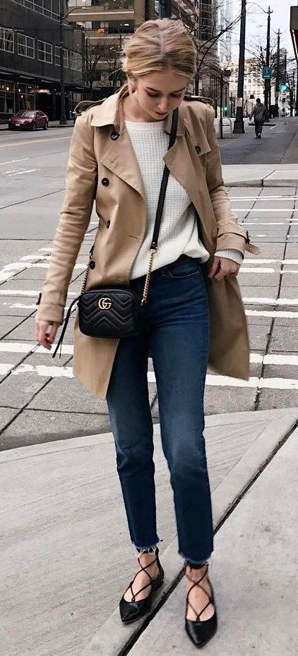fall casual outfit : nude coat + sweater + bag + skinny jeans +