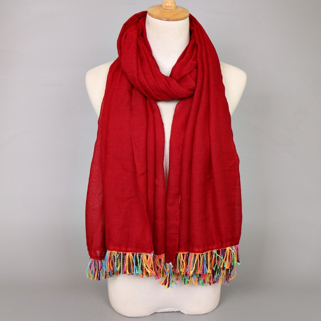 Ladies coloured tassels cotton viscose scarf solid color bohemian