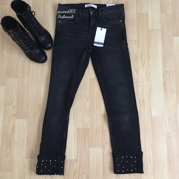 Zara Jeans | Black Denim Mid Rise Cuffed Studded | Poshmark