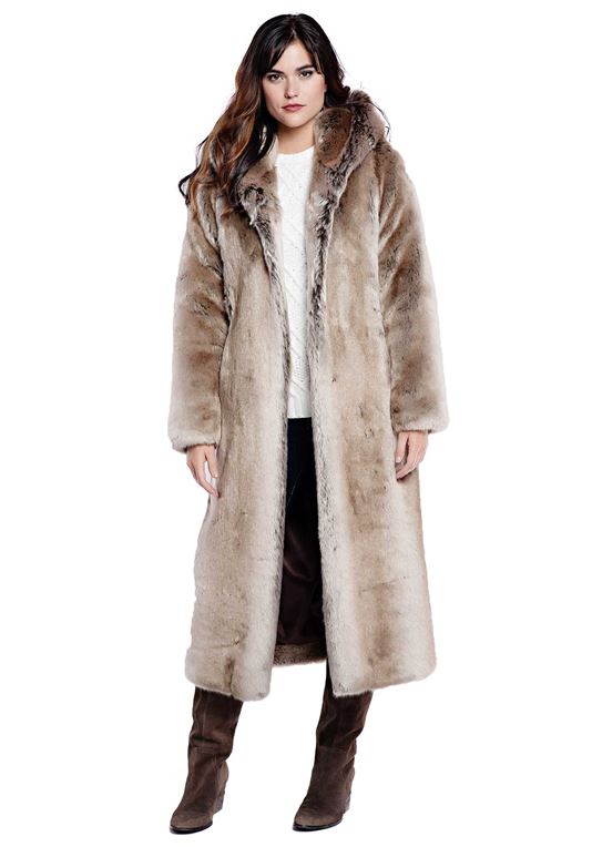 Timber Wolf Full-Length Hooded Faux Fur Coat | Womens Faux Fur Coats
