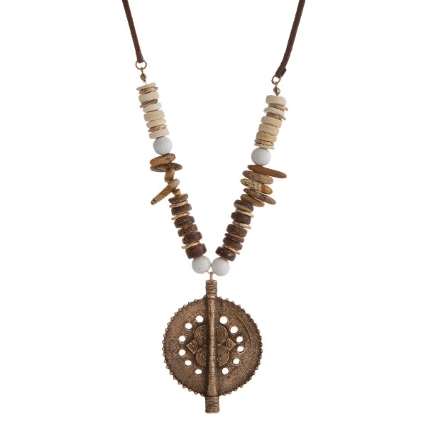 Faux suede cord necklace with wooden beads, natural stone beads and