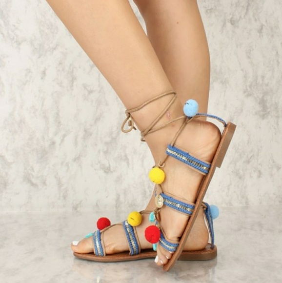 Breckelles Shoes | Nwt Sexy Blue Lace Up Pom Pom Gladiator Sandals