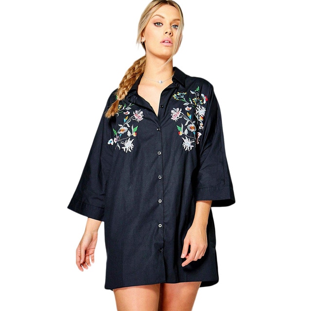 Black white floral embroidered plus size shirt dresses for women