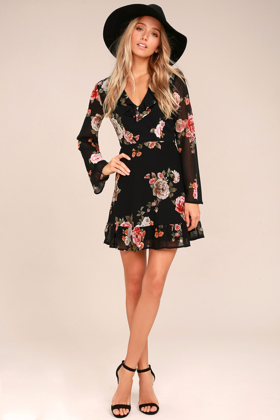 Chic Black Floral Dress - Long Sleeve Dress - Ruffled Dress