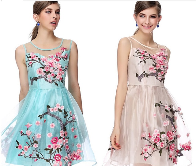 2014 Brand Designer Women Organza Embroidery Floral Dress Female