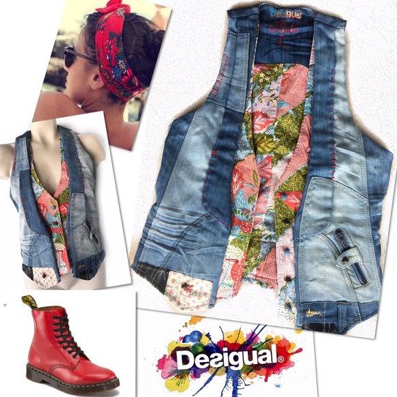 Desigual Jackets & Coats | Floral Patchwork Embroidered Denim Vest
