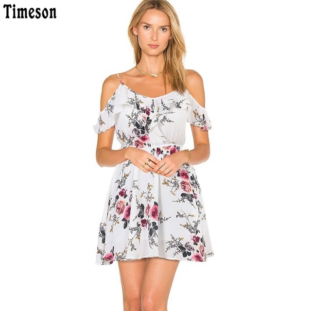 Timeson Summer Floral Print Women Chiffon White Dress Ruffle Off