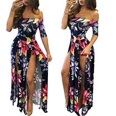 Romper Split Maxi Dress High Elasticity Floral Print Short Jumpsuit
