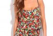 BLACK FLORAL PRINT ELASTIC WAIST ROMPER,Latest Fashion Rompers and