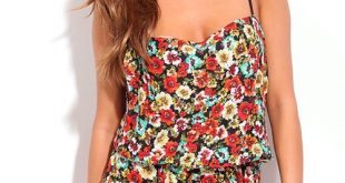 BLACK FLORAL PRINT ELASTIC WAIST ROMPER,Latest Fashion Rompers and