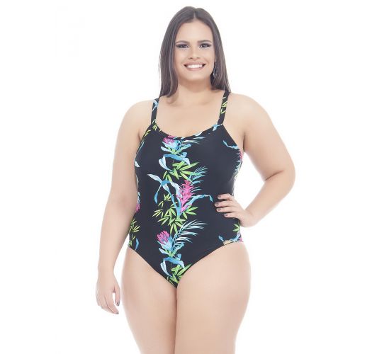 Black/floral Print Plus Size One-piece Swimsuit - Fresia