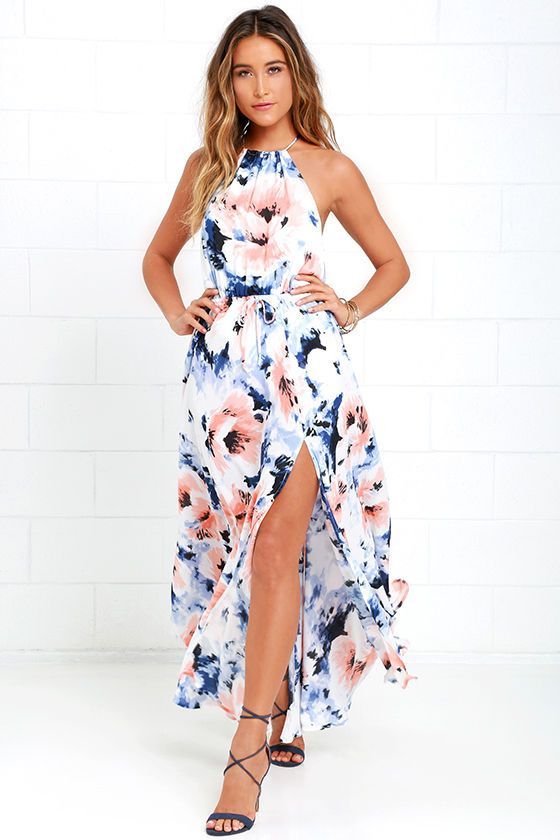 At Long Last Peach and Blue Floral Print Maxi Dress | Wedding Guest