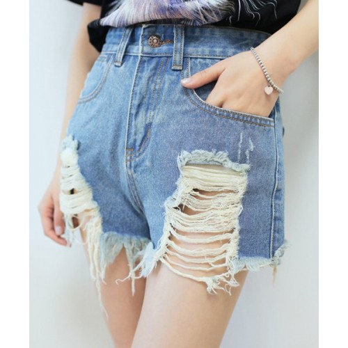Street Style High-Waisted Frayed Denim Shorts For Women deep blue