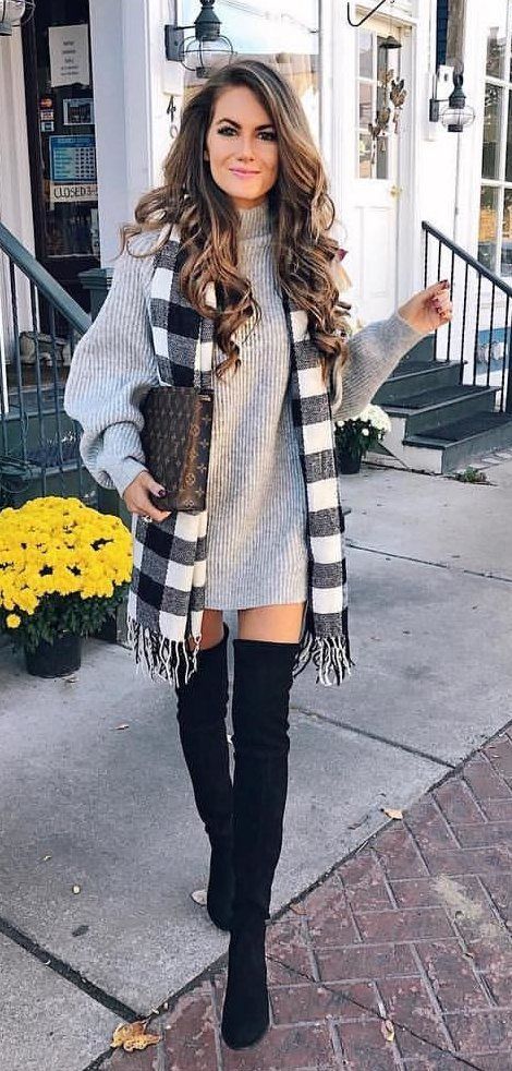 fall #outfits women's gray sweater with plaid scarf. Click To Shop