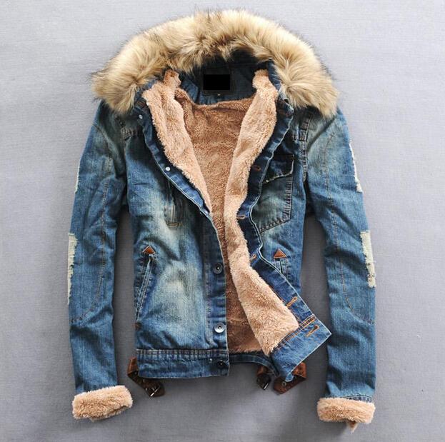NEW Mens Winter Warm Fur Collar Fur Lining Denim Jacket Coat Size S