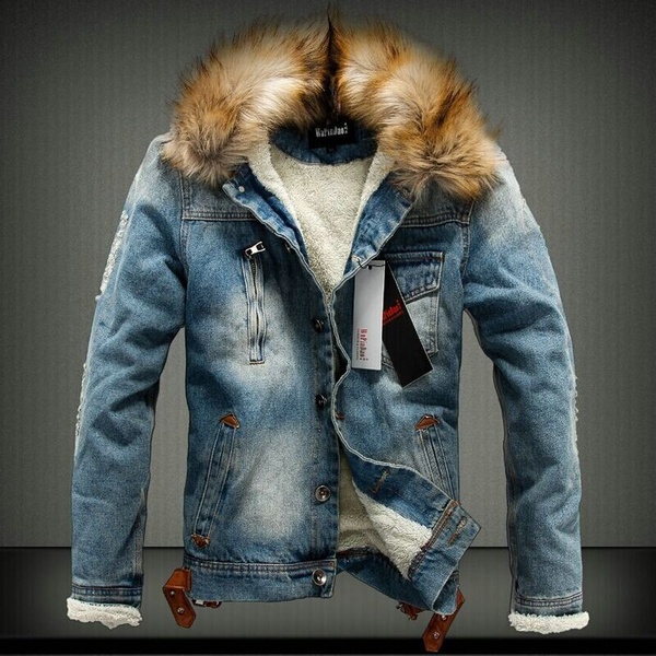 Wish | New Winter Men Clothing Jean Coat Outwear Fur Collar Denim
