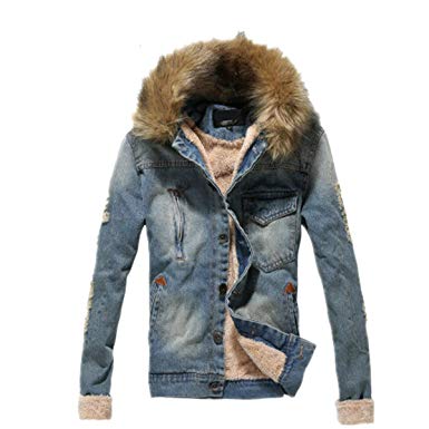 Tengfu Winter Mens Fur Collar Slim Denim Jacket at Amazon Men's