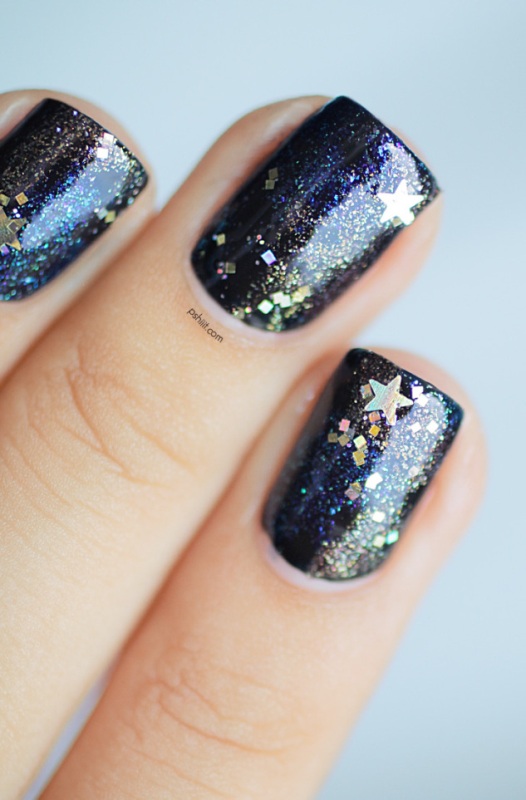 Picture Of diy galaxy inspired glittery nails design 8