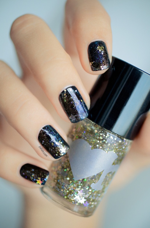 Picture Of diy galaxy inspired glittery nails design 5