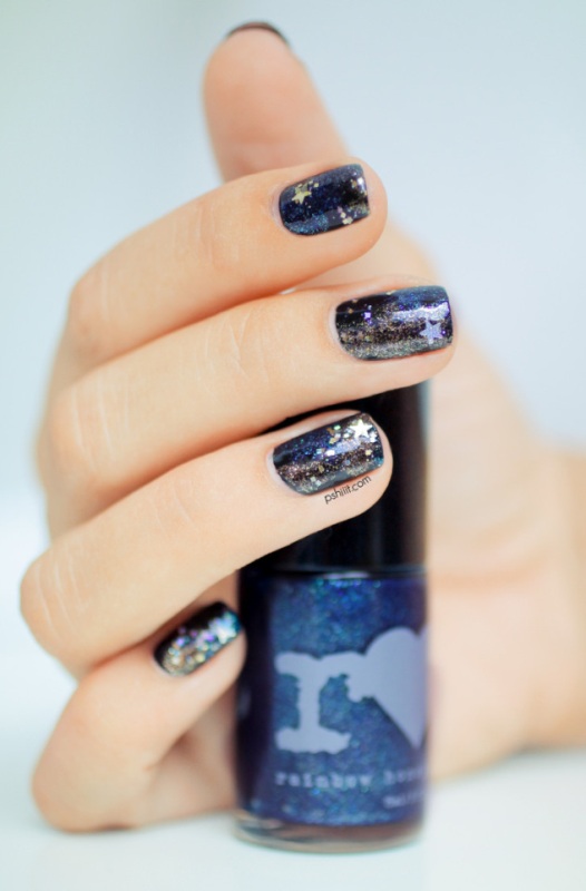 Picture Of diy galaxy inspired glittery nails design 6