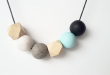 Geometric Timber and Polymer Clay Bead Necklace Minimalist Mint