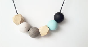 Geometric Timber and Polymer Clay Bead Necklace Minimalist Mint