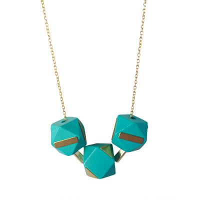 Wooden Geometric Beads and Brass Necklace - Turquoise | Pony Lane