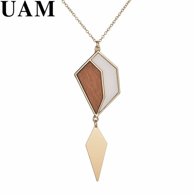 UAM Vintage Copper Geometric Wood Pendant Necklaces Elegant Sweater