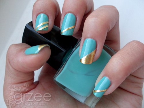 Blue Nails With Gold Stripes Geometric Nail Art Design Idea