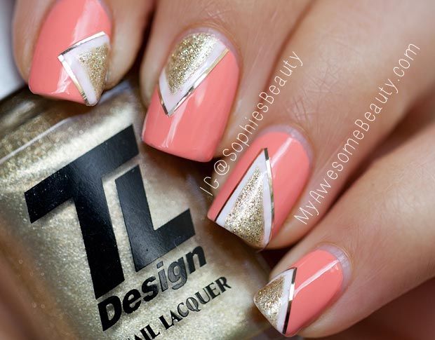 stripes gold white geometry coral nails | If I had any patience